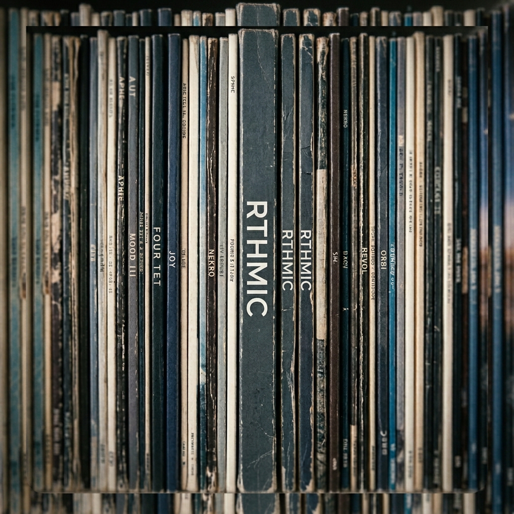 A collection of worn record spines, including RTHMIC records